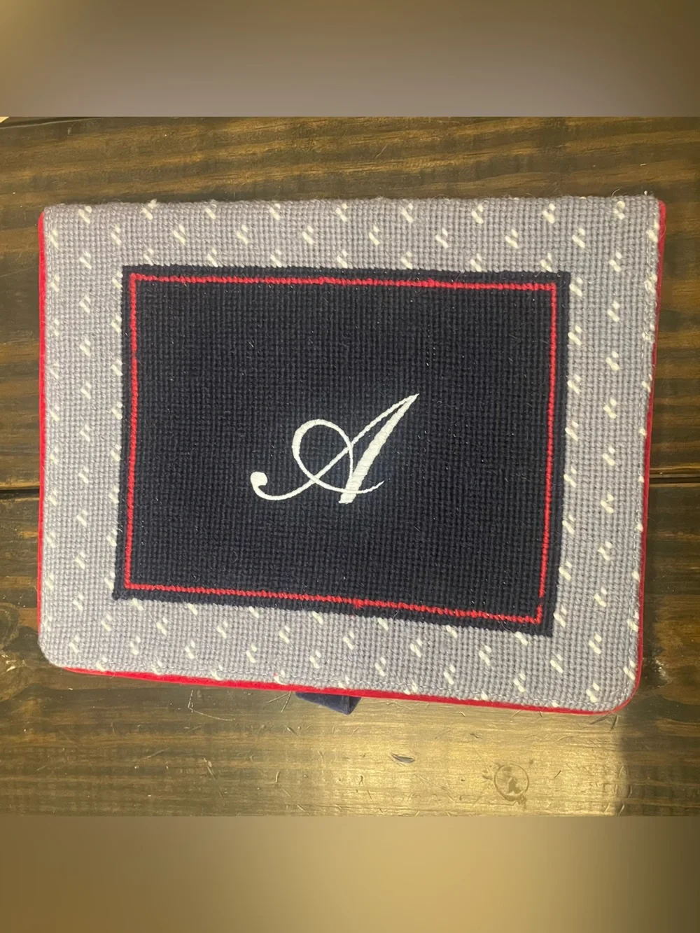 Lands' End Needlepoint “A” Monogram Red White and Blue Journal Cover